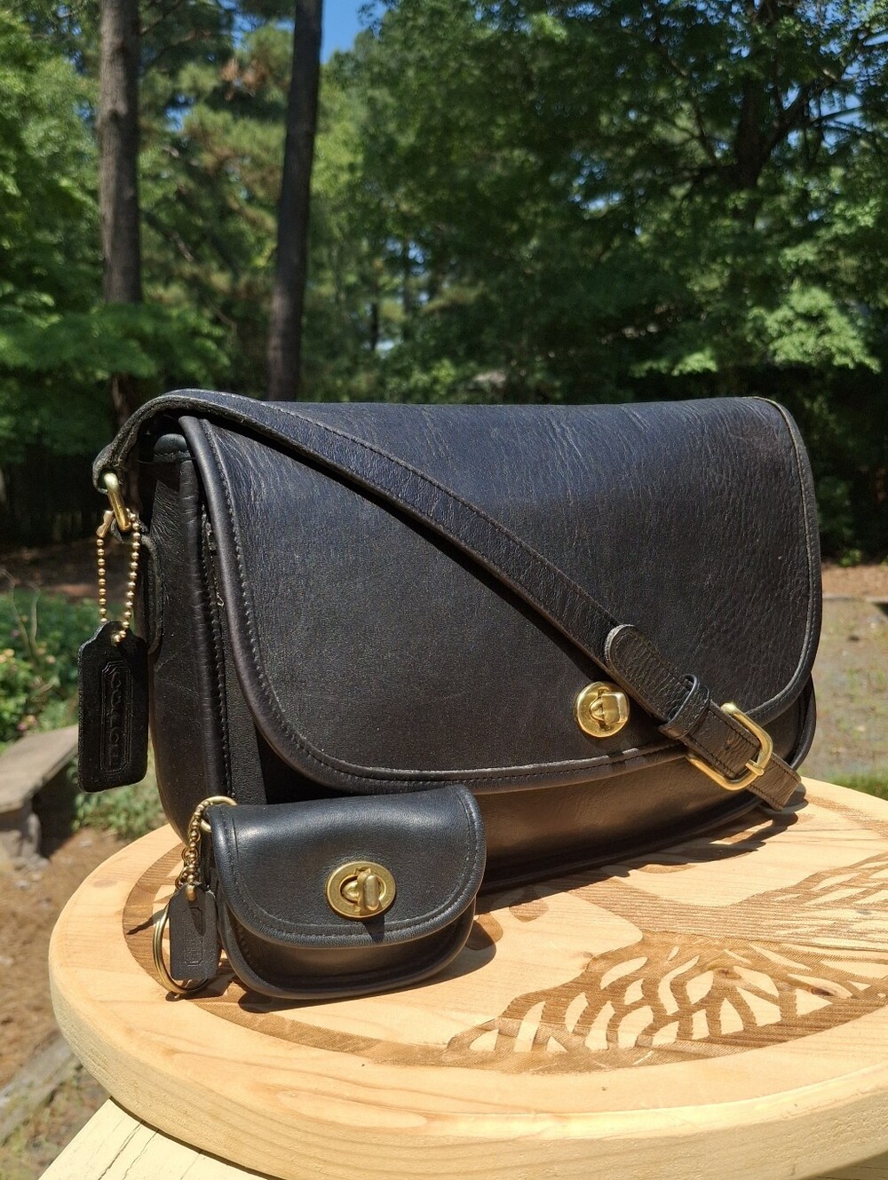 Vintage Coach Black Leather City Bag #9791 & Black Mini City Fob Keyholder #7105